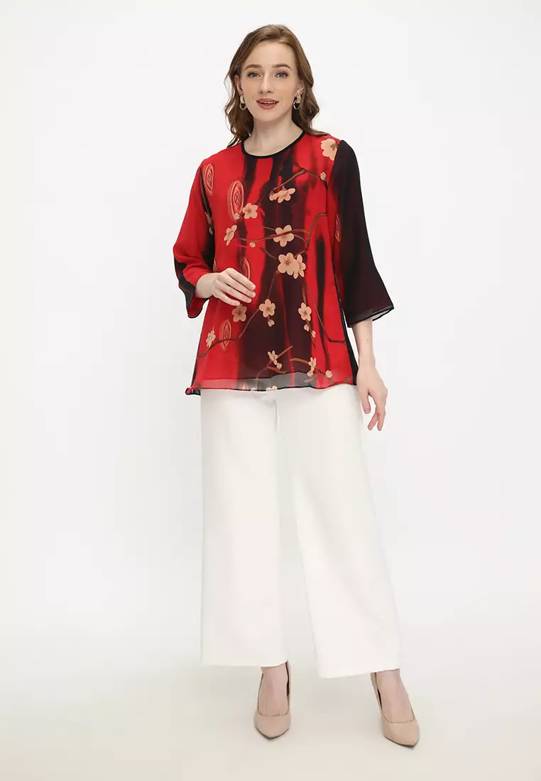 Floral Blouse Two Tone Red And Black By Brilliant Girl Warna MERAH