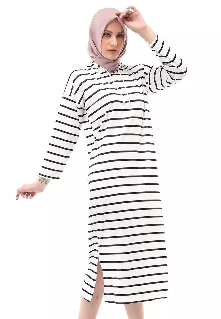 Mega Tunik Motif Stripe Atasan Wanita Long Sleeve Regular Fit - Putih B