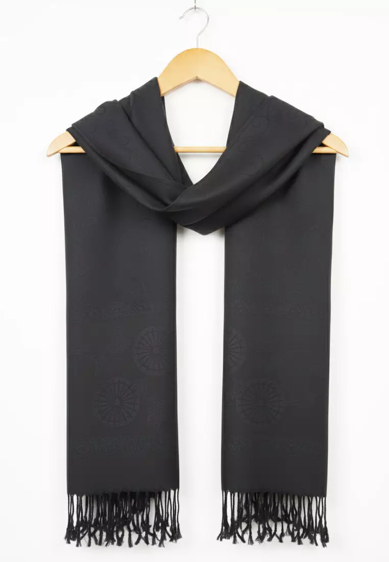 Aksesoris Wanita Reversible Viscose Circular Vine  Pattern Pashmina Shawl Syal Wanita Black