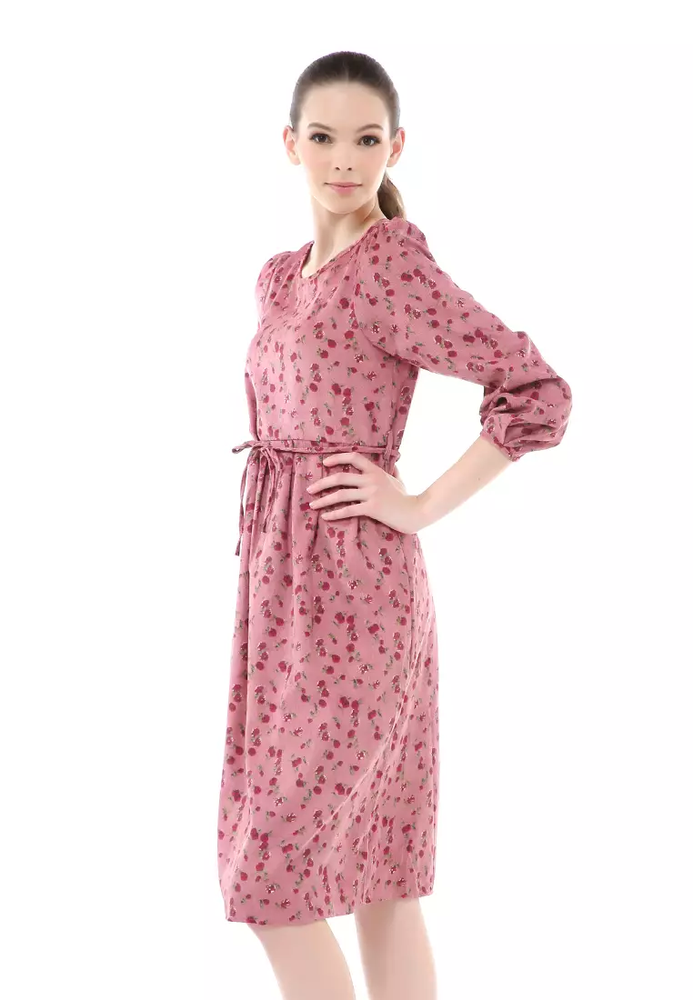 Rachel Dress Wanita Motif Bunga Elegant Design Long Sleeve Material Flanel ORIGINAL - Red