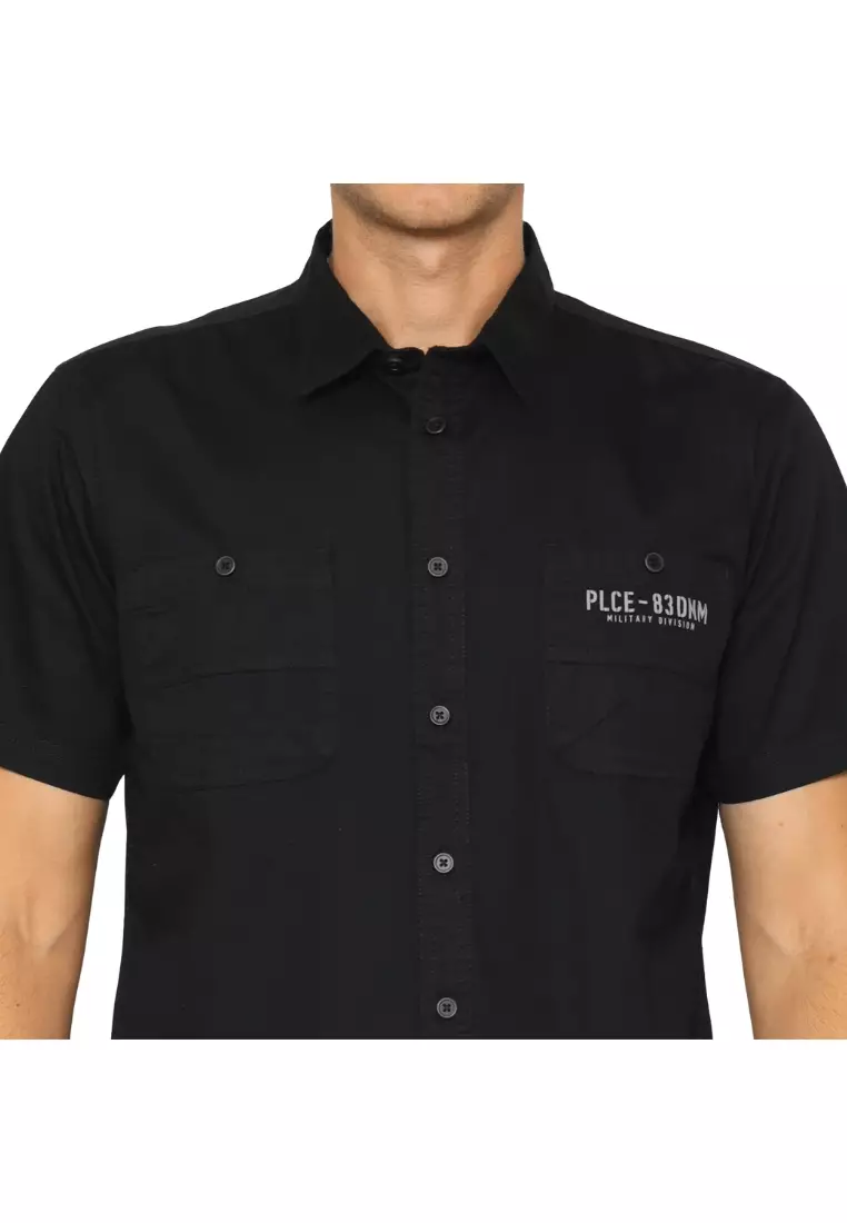 POLICE Kemeja Polos Cotton Twill Kantong Dua Black Regular Fit Pria