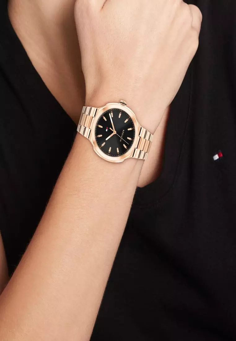 Women's Ionic Plated Rose Gold Steel Black Dial Watch - TH1782821