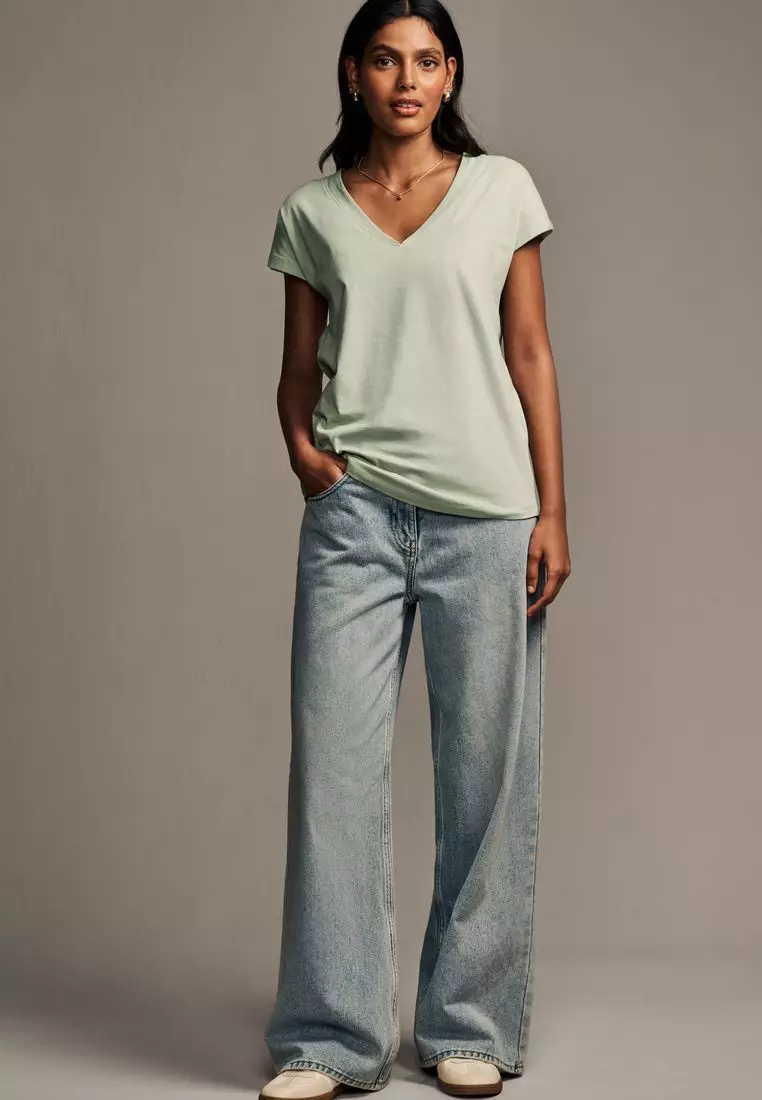 V-Neck 100% Cotton Rich Cap Sleeve T-Shirt