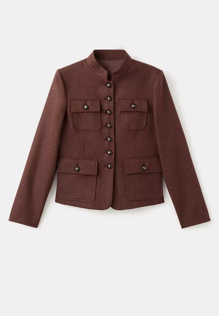 Wool Jacket with Band Collar and Pockets