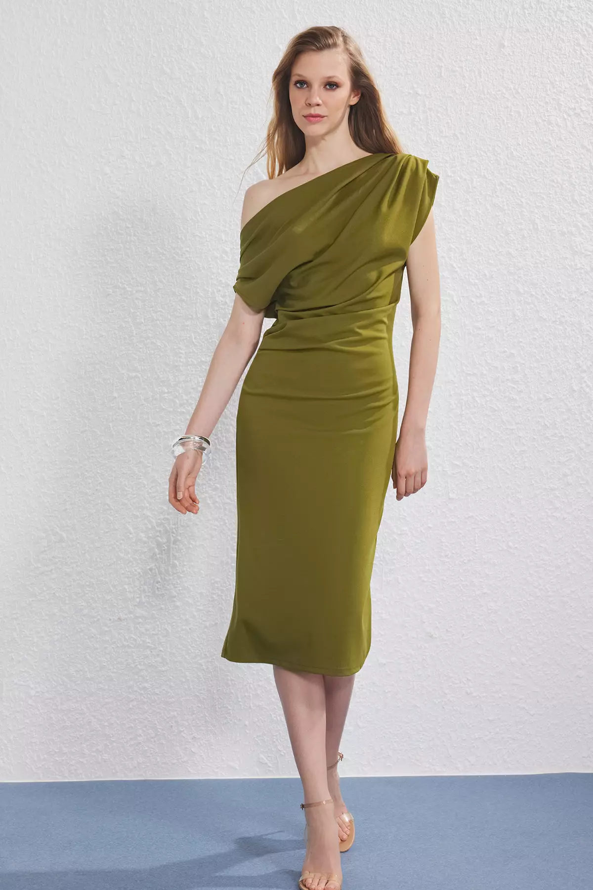 Oil Green Midi Knitted Dress Wit