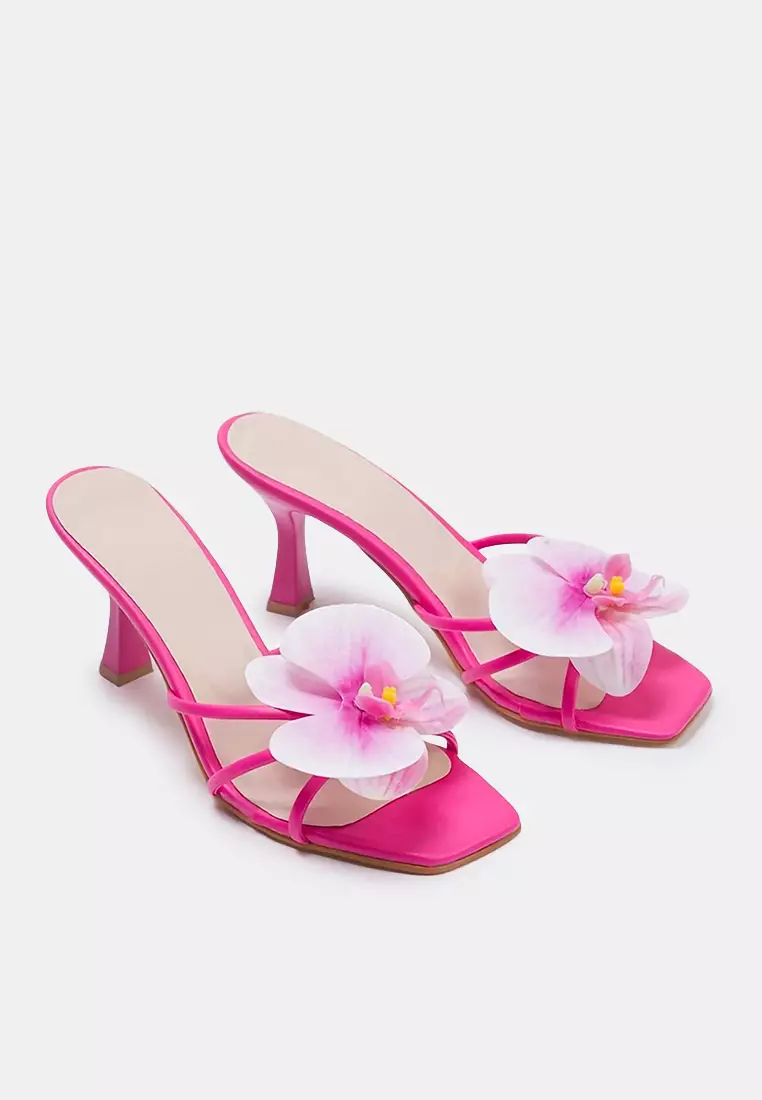 Fuchsia Flower Detail Square Toe Women Thin Heels Slippers Takss25To00106