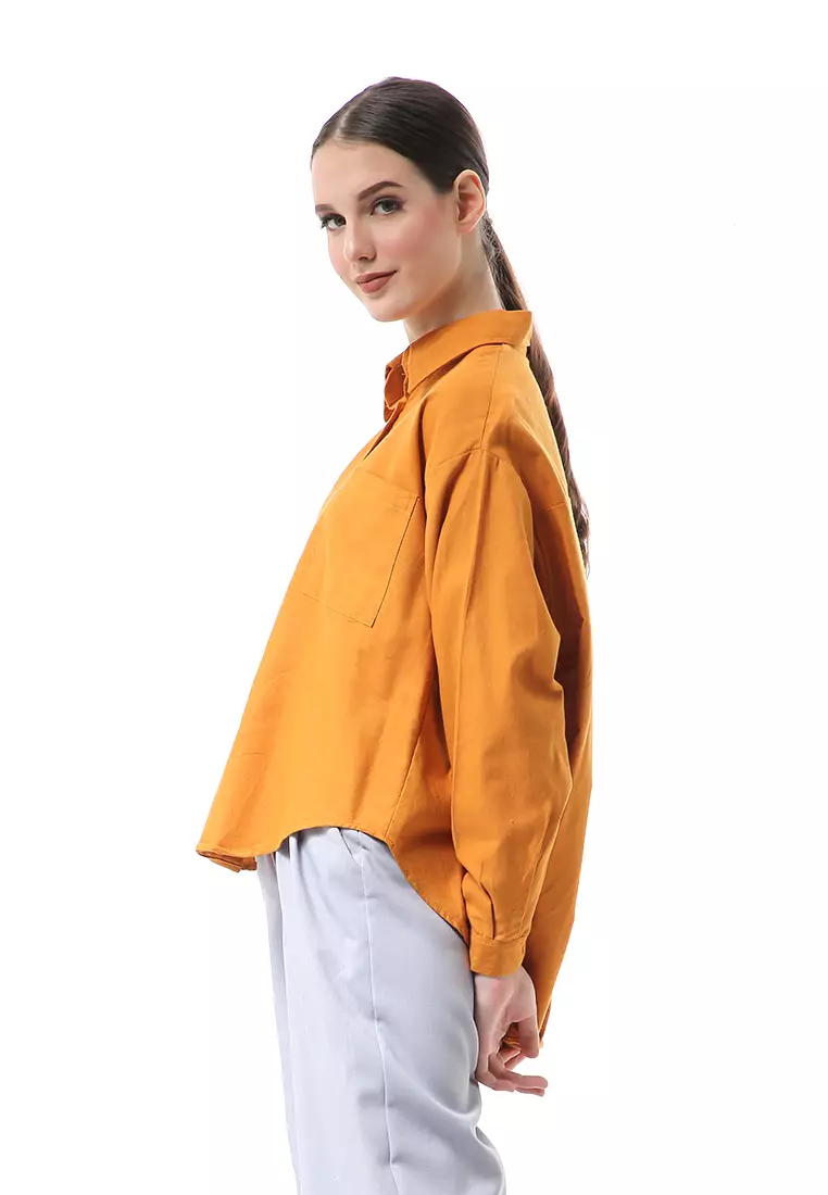 Nandira Kemeja Atasan Wanita Oversize Motif Polos Long Sleeve - Bata