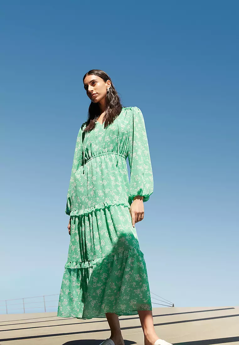 Floral Tie Neck Maxi Tiered Dress