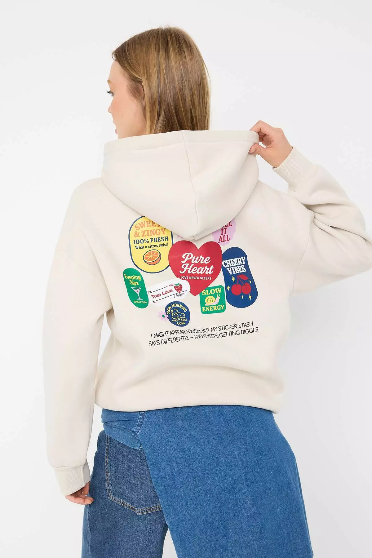 Stone Back Printed Hooded Oversize/Wide Pattern Knitted Sweatshirt