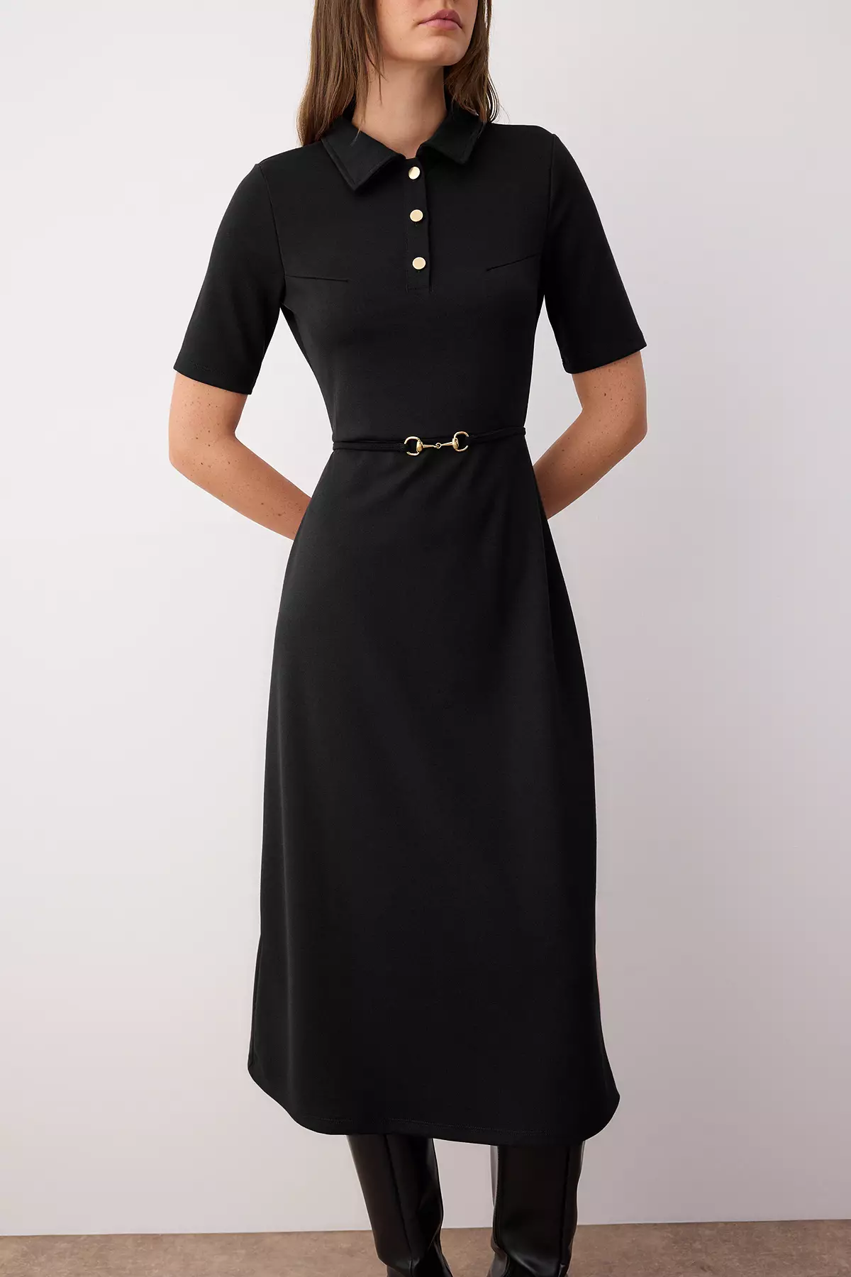 Black Belted Three Quarter Sleeve A-Line/Flared Plain Midi Knit Dress