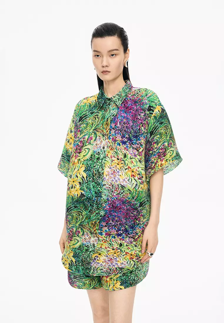 混纺图案元素花型宽松短袖衬衣