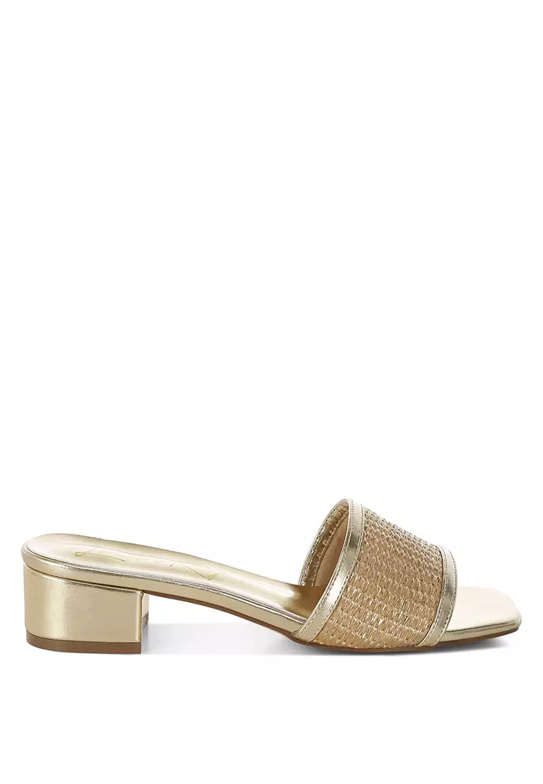 Raffia Slip On Sandals In Gold
