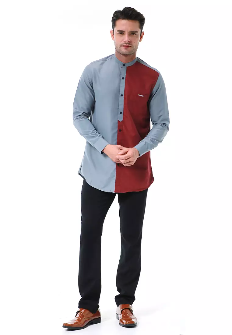 Leopold Kemeja Koko Pria Lengan Panjang Design Variasi Warna Material Cotton ORIGINAL - Gray Maroon