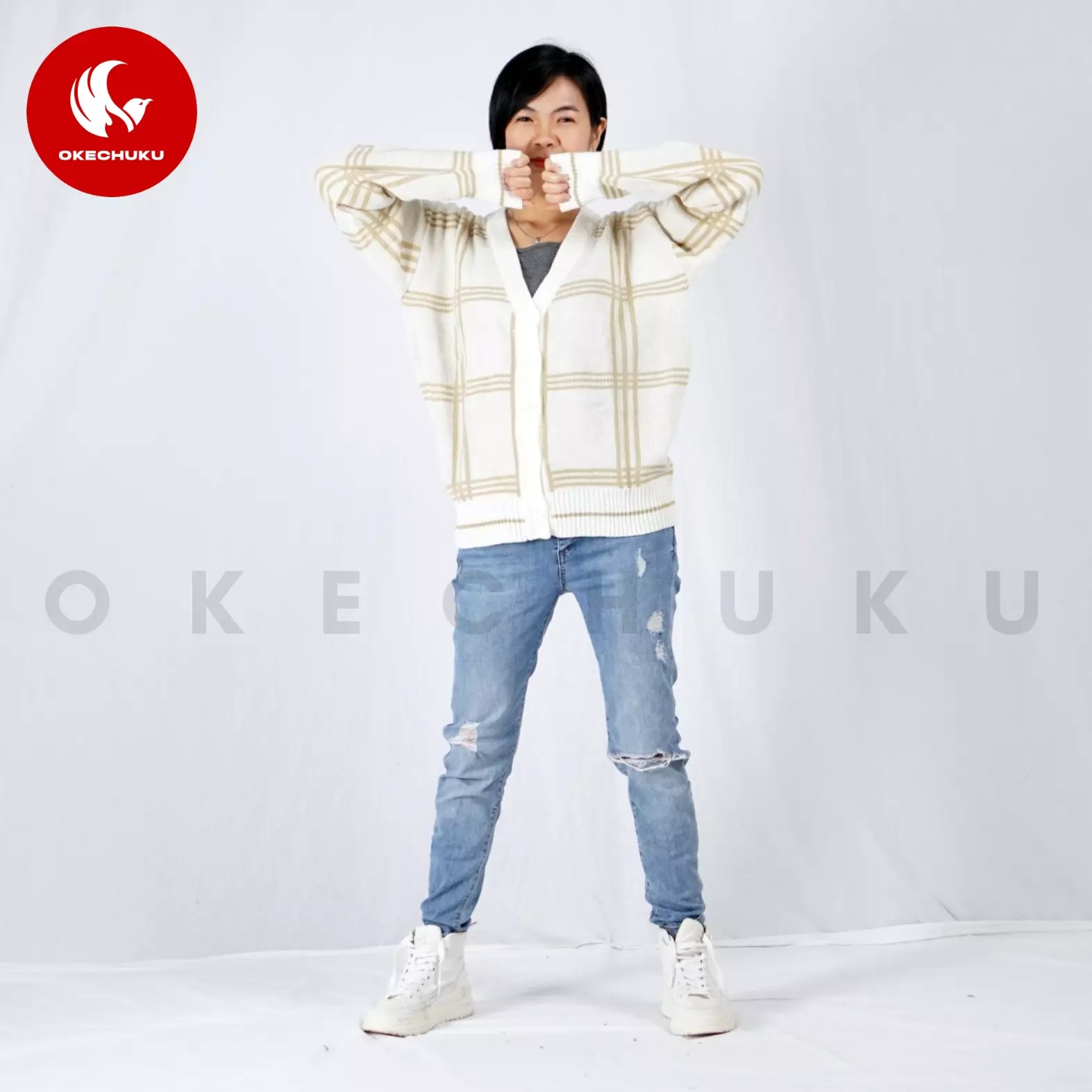  KARDIGAN MINGYU Cardigan Rajut V Neck Unisex Pria Wanita - Brokenwhite