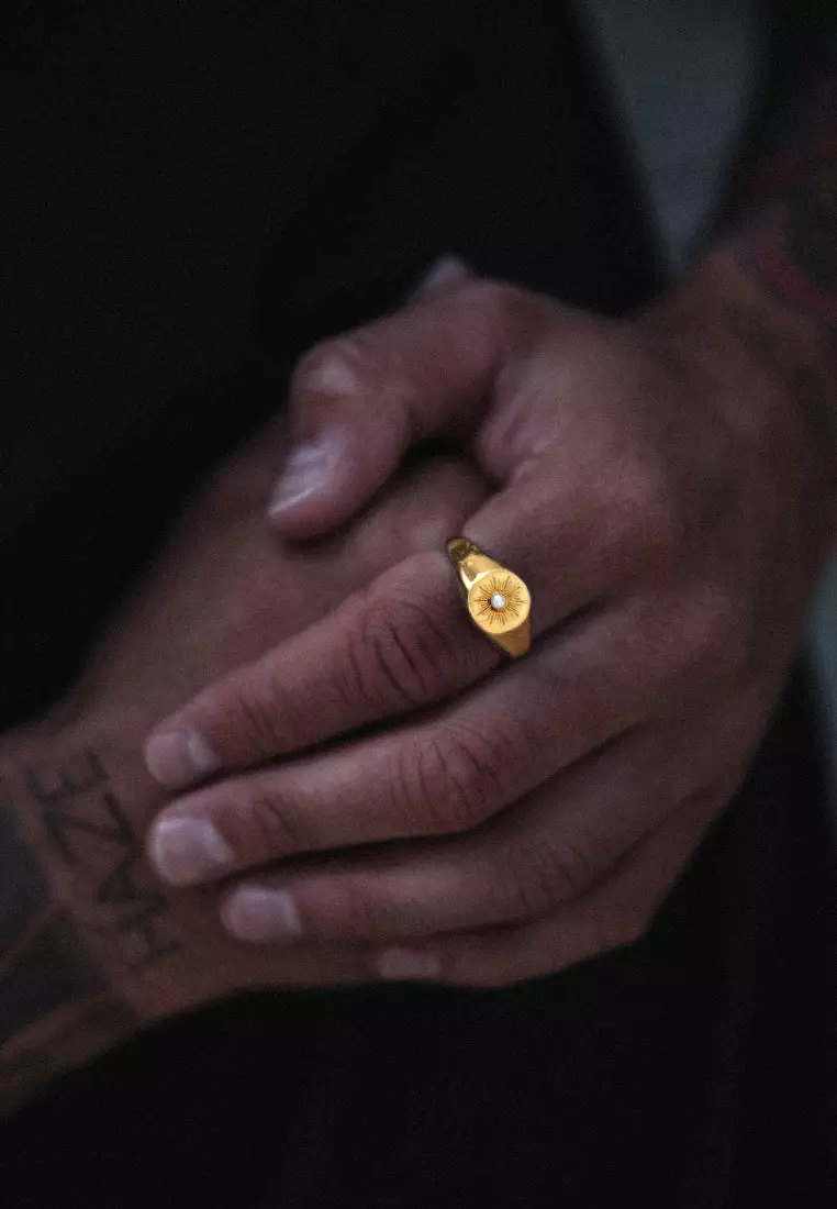 EXCLUSIVE Cincin Perhiasan Perak 925 Unisex Signet Ring Sun Lover Hammered Gold Plated
