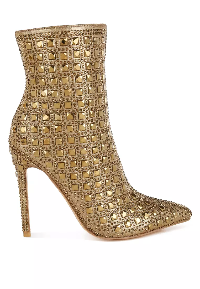 Discount on London Rag  shoes - SKU: Pointed Toe Rhinestones Stiletto Boots in Gold