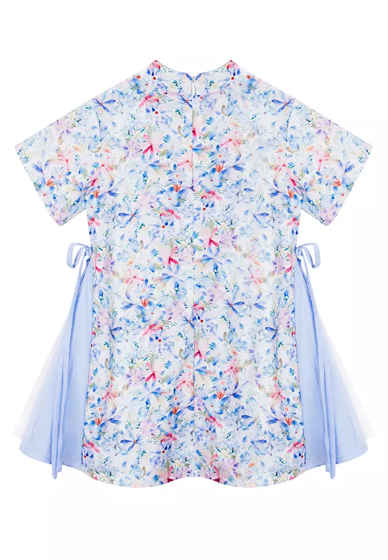 女童藍色粉色碎花雙蝴蝶結短漢服唐裝紗裙公主裙新年拜年衣服