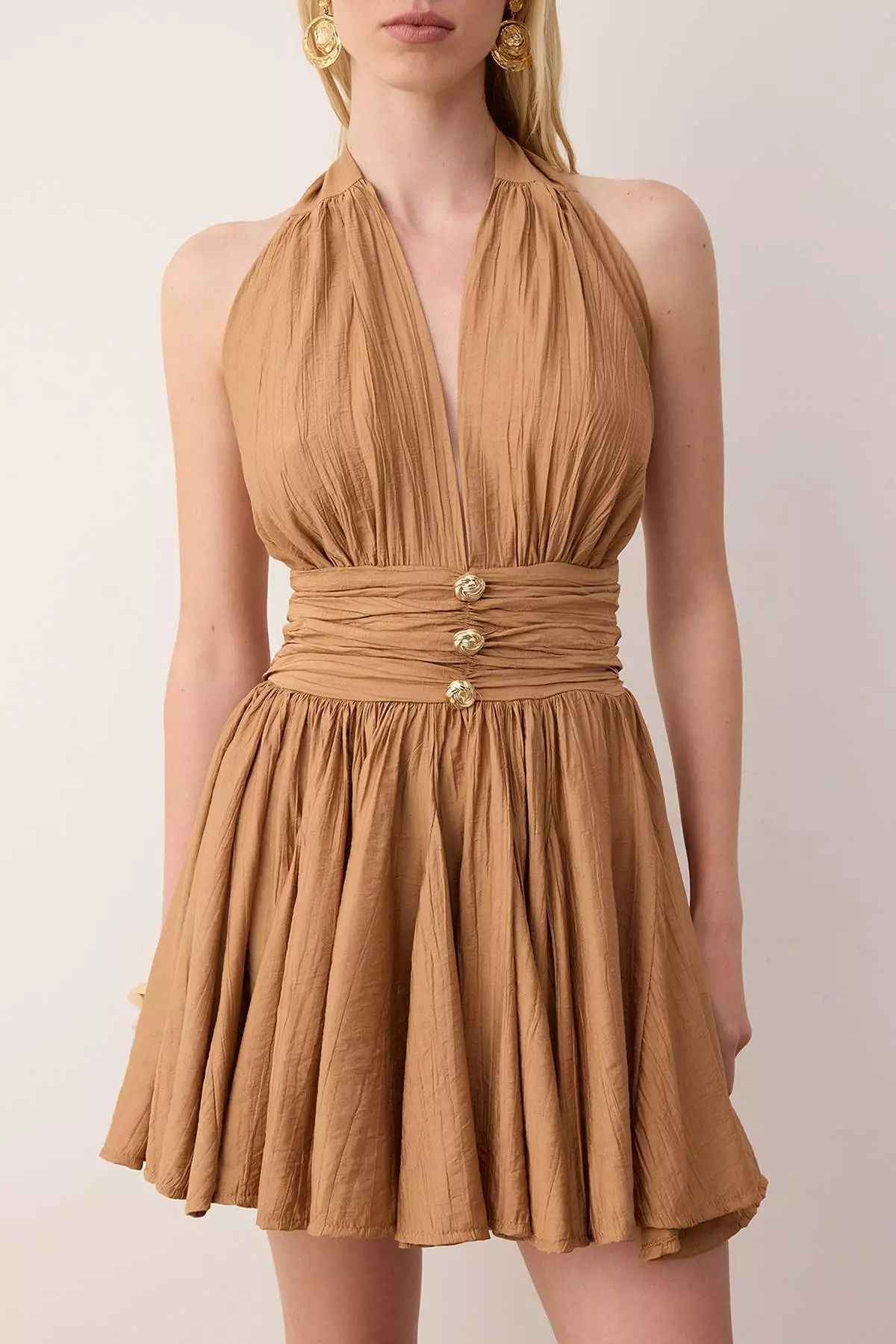 Brown Chiffon Short/Mini Dress With Skater Drop Detail