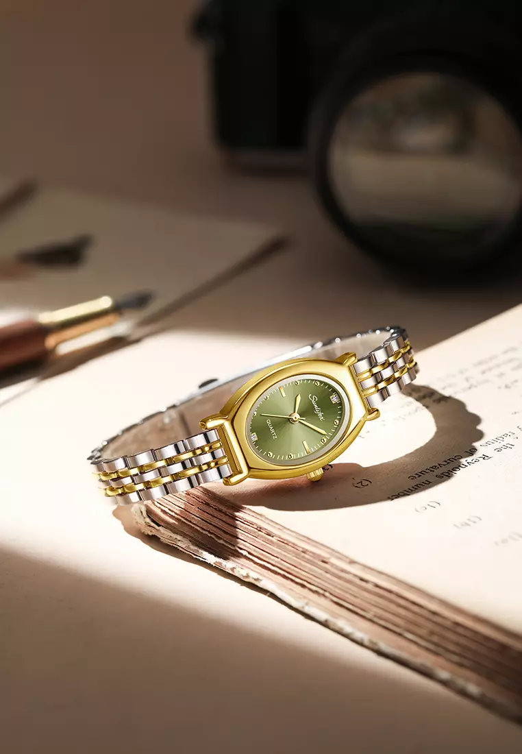 Jam Tangan Wanita Original Oval Korea Elegan Vintage Kuarsa Tali Alloy Jam Tangan CewekA008 gold green