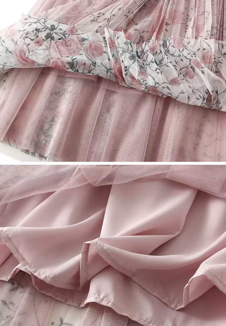 Floral Mesh Pleated Skirt AF-J898
