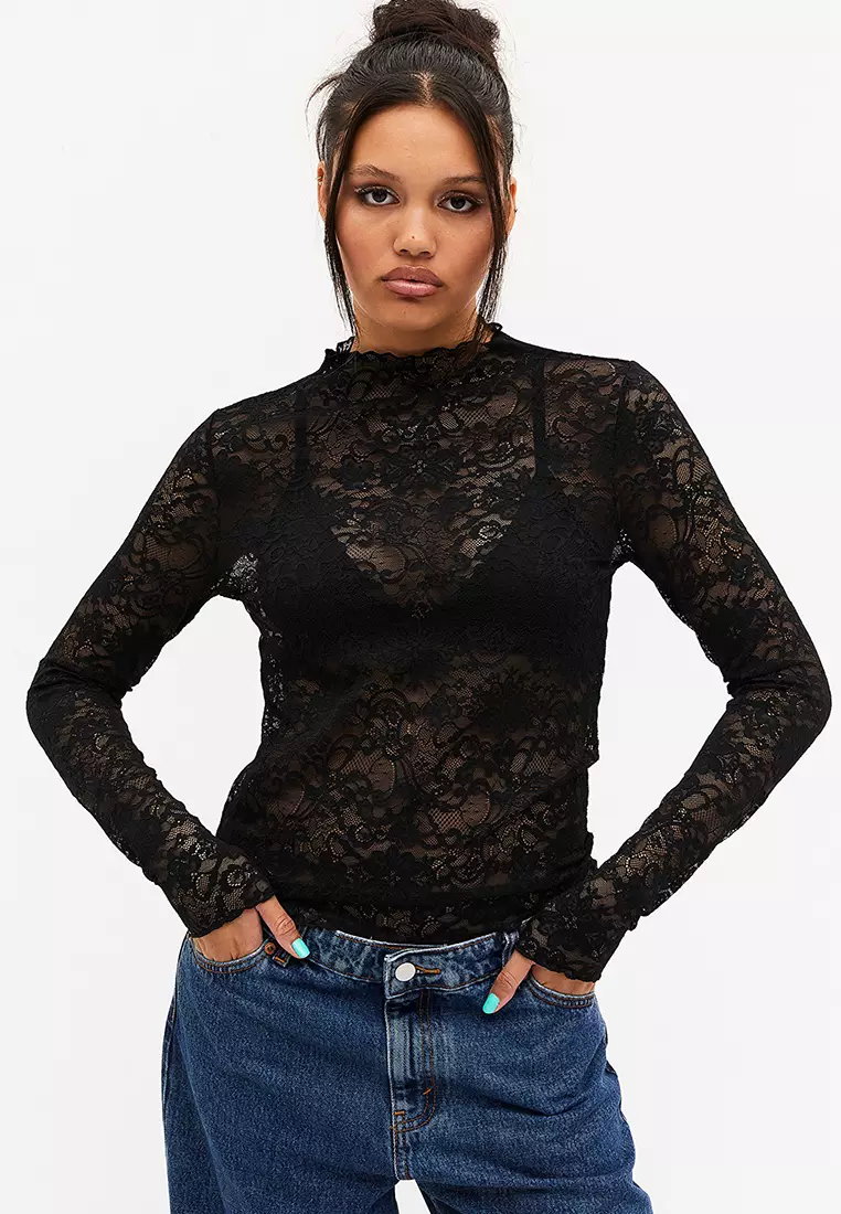 Perfectly Sheer Black Lace Sheer Button-Up Long Sleeve Top  Black lace  shirt, Long sleeves bodysuit outfit, Long sleeve tops