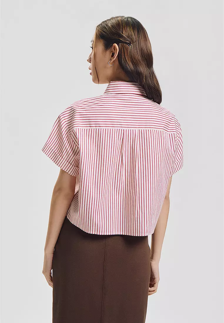 Stripes Cropped Short Sleeves Button Down Top