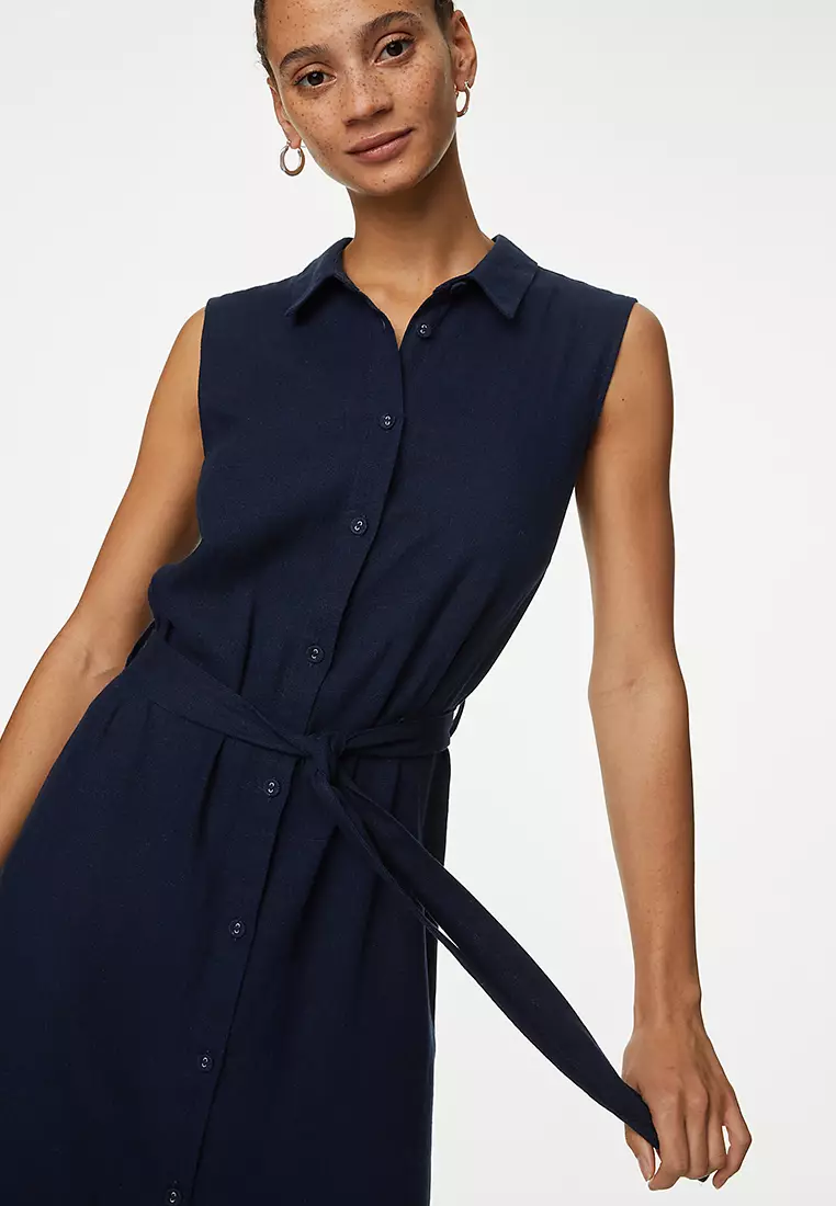 Linen Rich Button Through Midi Shirt Dress