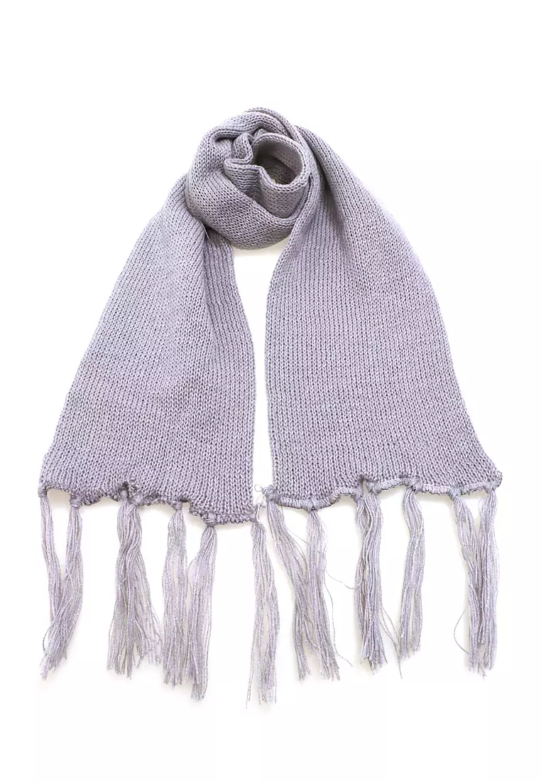 Syal Wanita Motif Polos Aksen Rumbai Shawl Rajut Lembut Fashion Women - Abu Muda