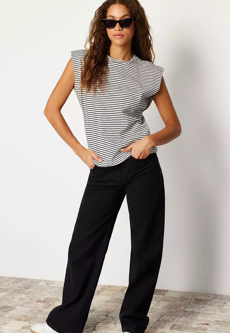 Multi Color 100% Cotton Striped Wadding Look Basic Crew Neck Knitted T-Shirt TWOSS20TS0021