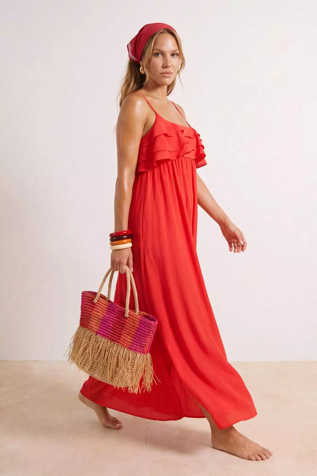 Pomegranate Flower Woven Flounced Maxi Beach Dress Tbess25El00132