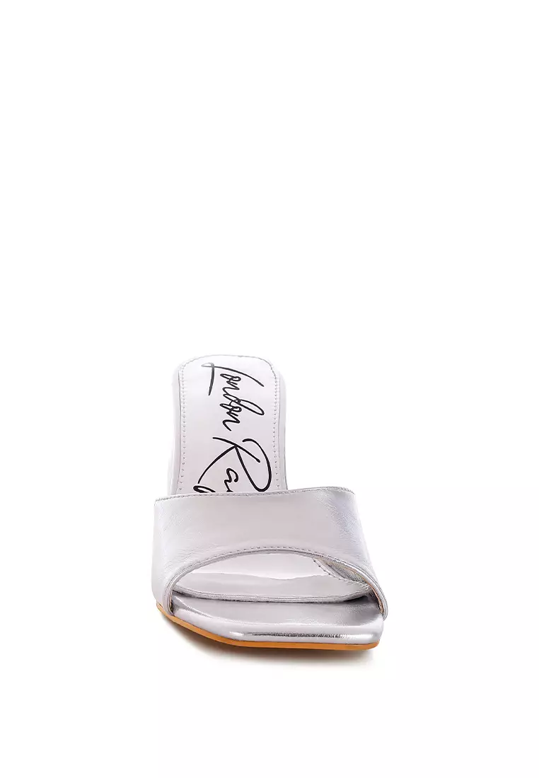 Metallic Faux Leather Slip On Sandals in Silver