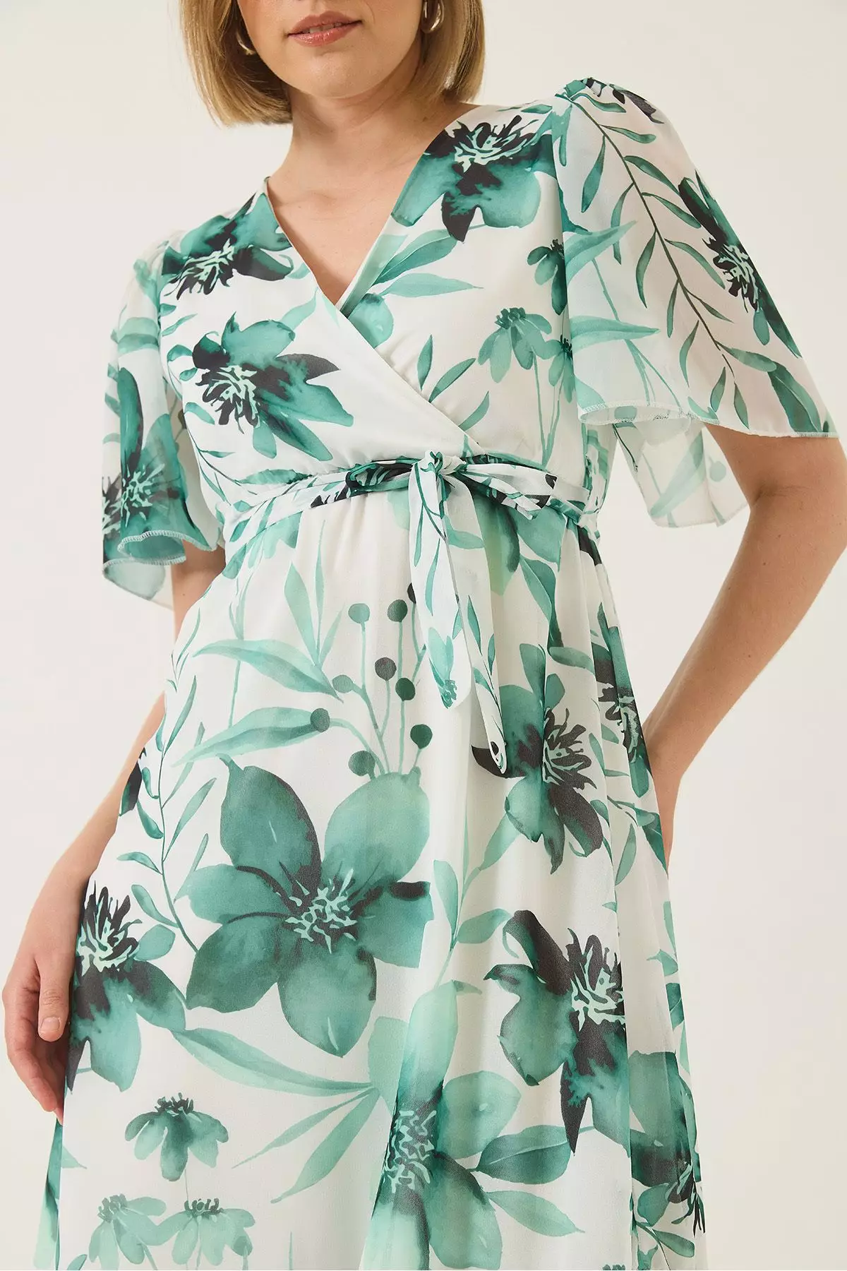 Women's Double Breasted Collar Elastic Waist Belted Lined Patterned Chiffon Dress 60283211