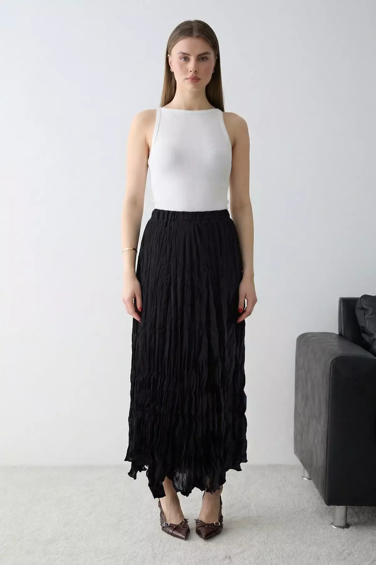Black Crinkled Lined Maxi Asymmetrical Skirt Twoss26Et16
