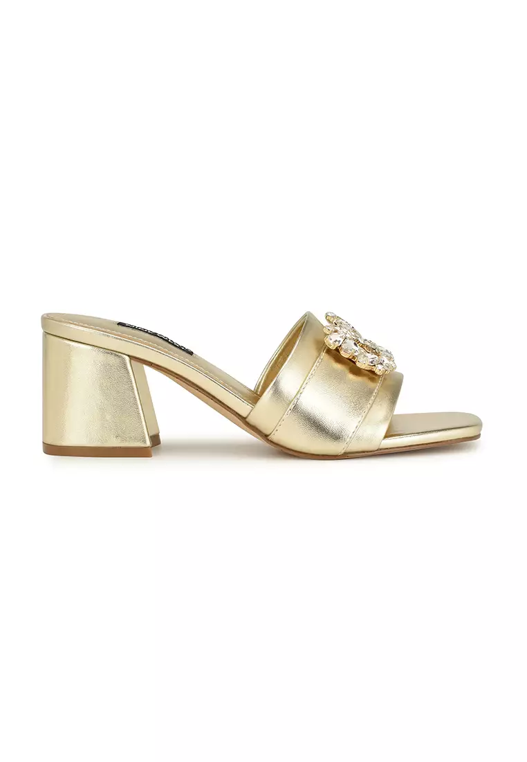 Discount on Nine West  shoes - SKU: Galla Embellished Block Heel Sandals Gold