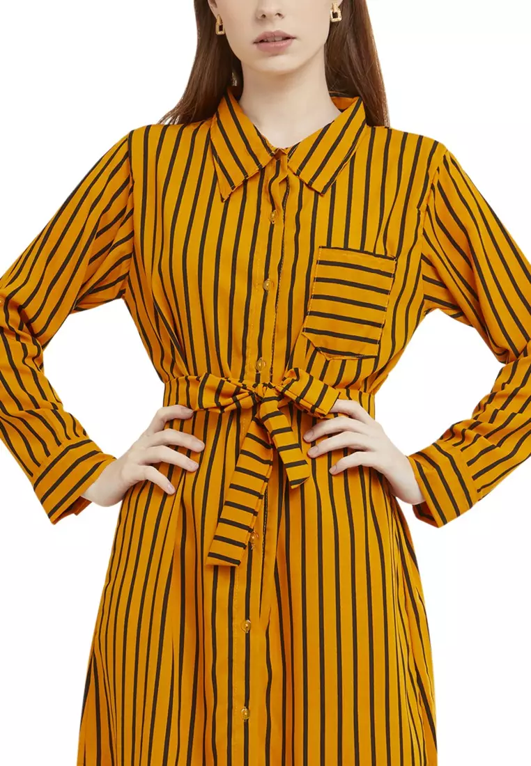 Mini Dress Salur Lengan Panjang Self Tie Belt Wanita - Mustard
