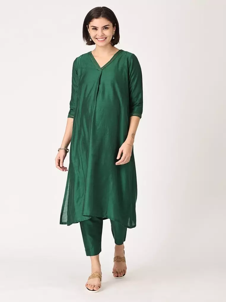 Maternity Silk Kurta Set with Nursing - Green