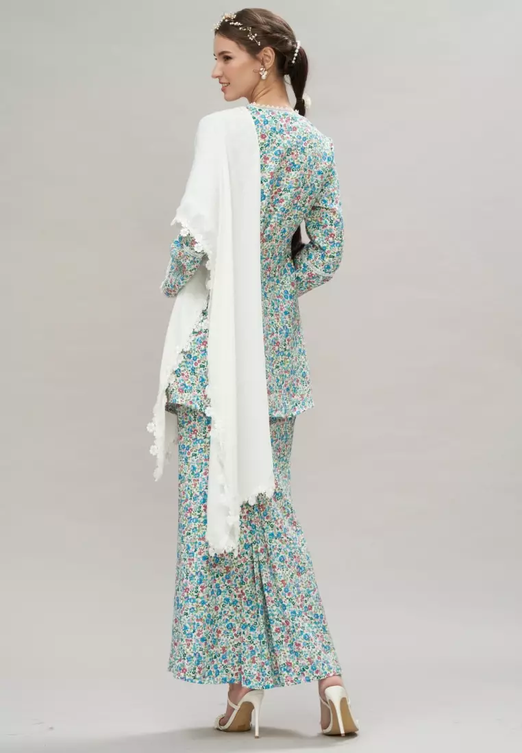 Teal Puff Sleeve Floral Modern Kebaya Kurung Hari Raya