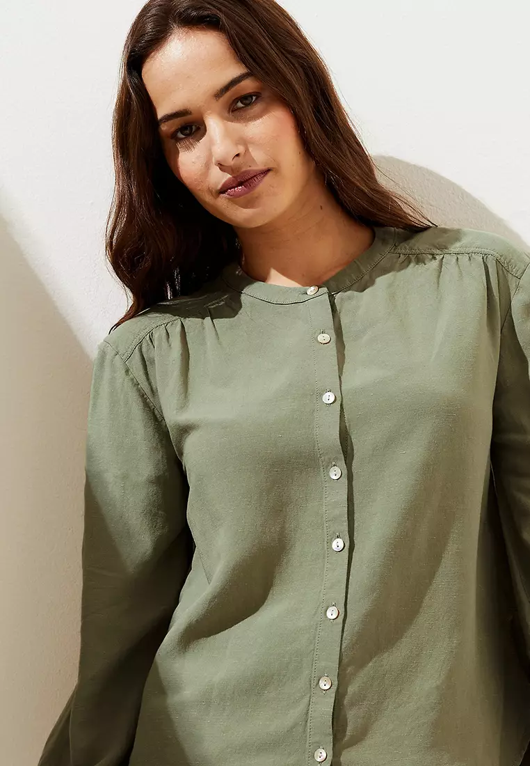 Linen Blend Collarless Long Sleeve Blouse
