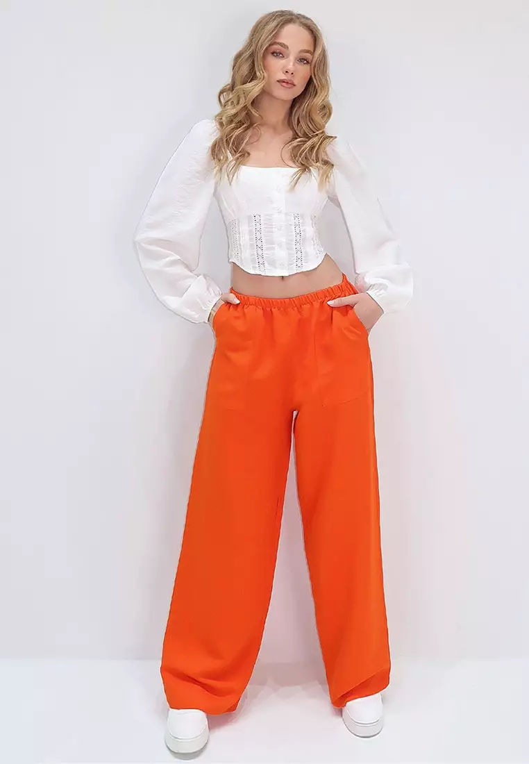 Women's Orange Double Pocket Elastic Waist Linen Wide Leg Pants Alc-X13768