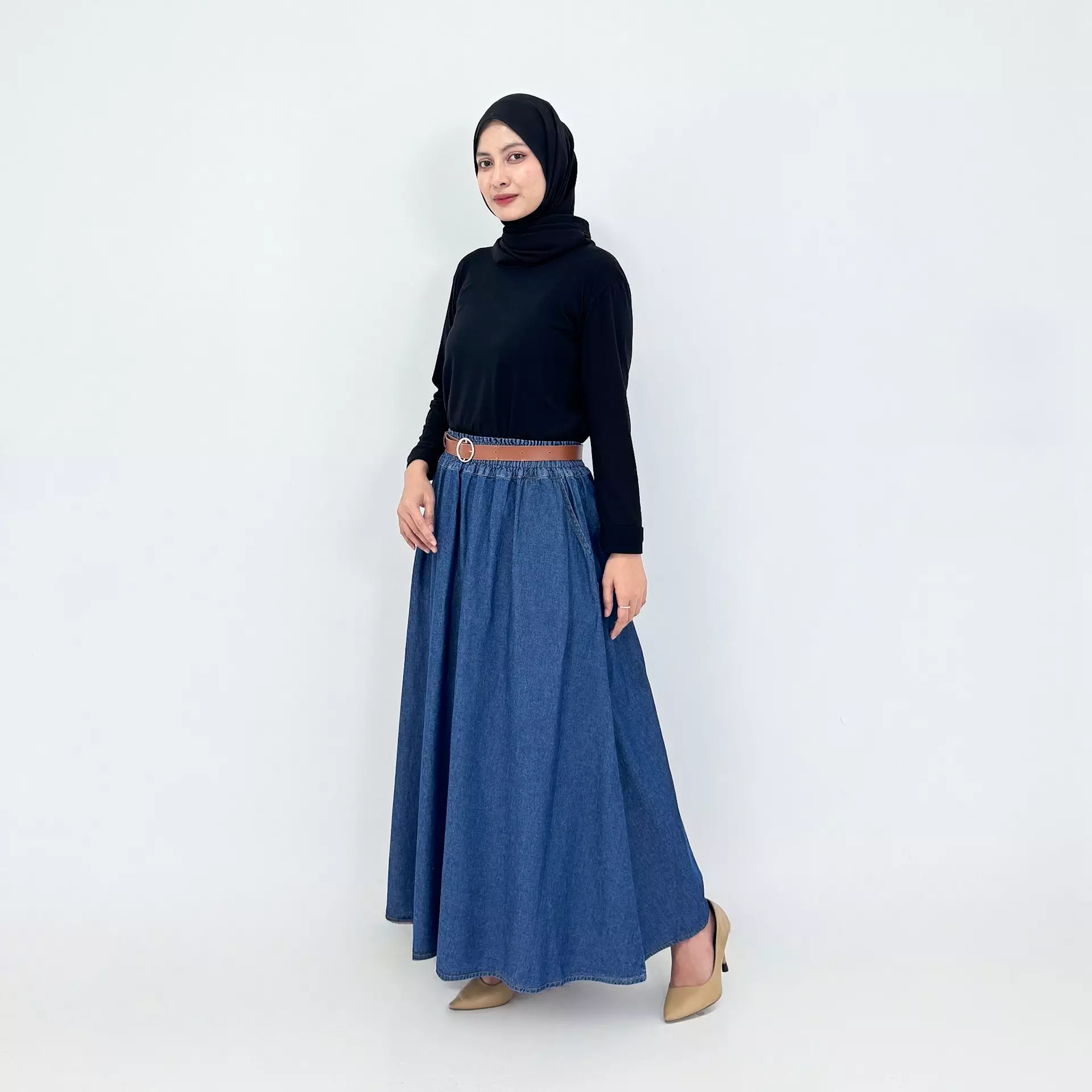 Rok Panjang Jeans Wanita - Audrey Maxi Skirt FREE BELT