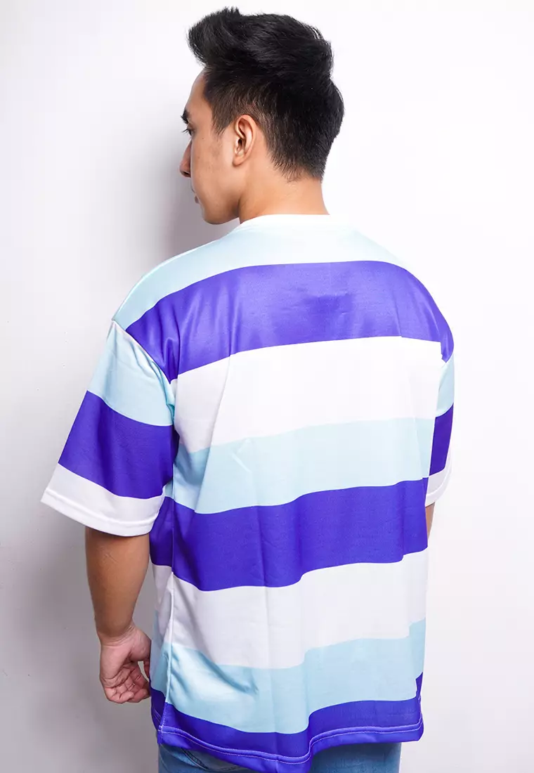NX005 kaos oversize belang stripe light scuba nade blue biru muda putih putih