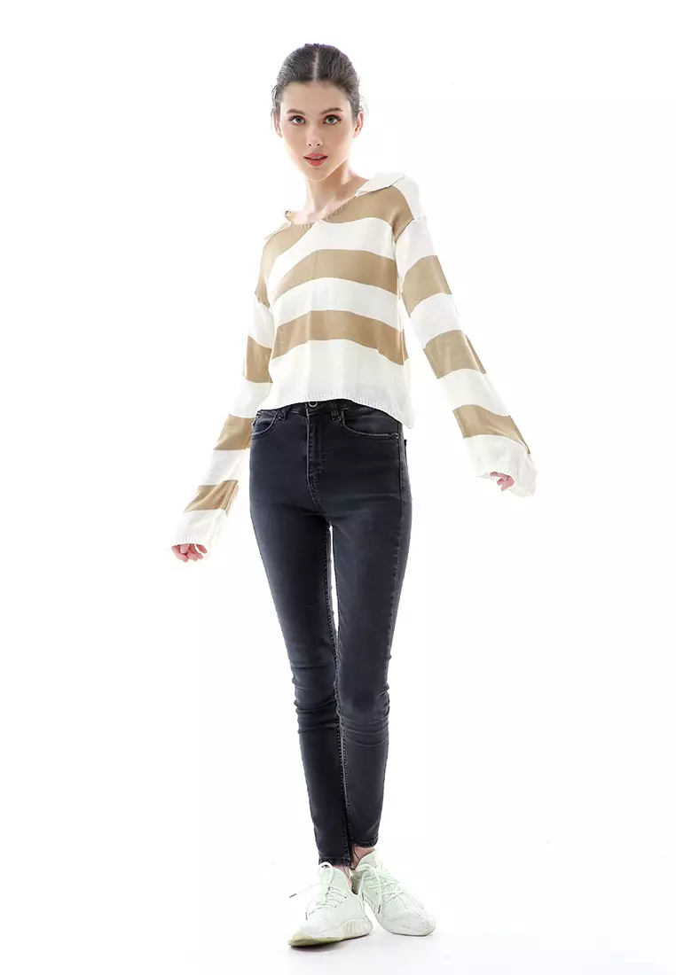 Vilia Rajut Crop Atasan Wanita Oversize Motif Stripe Garis Relaxed Fit - Khaki