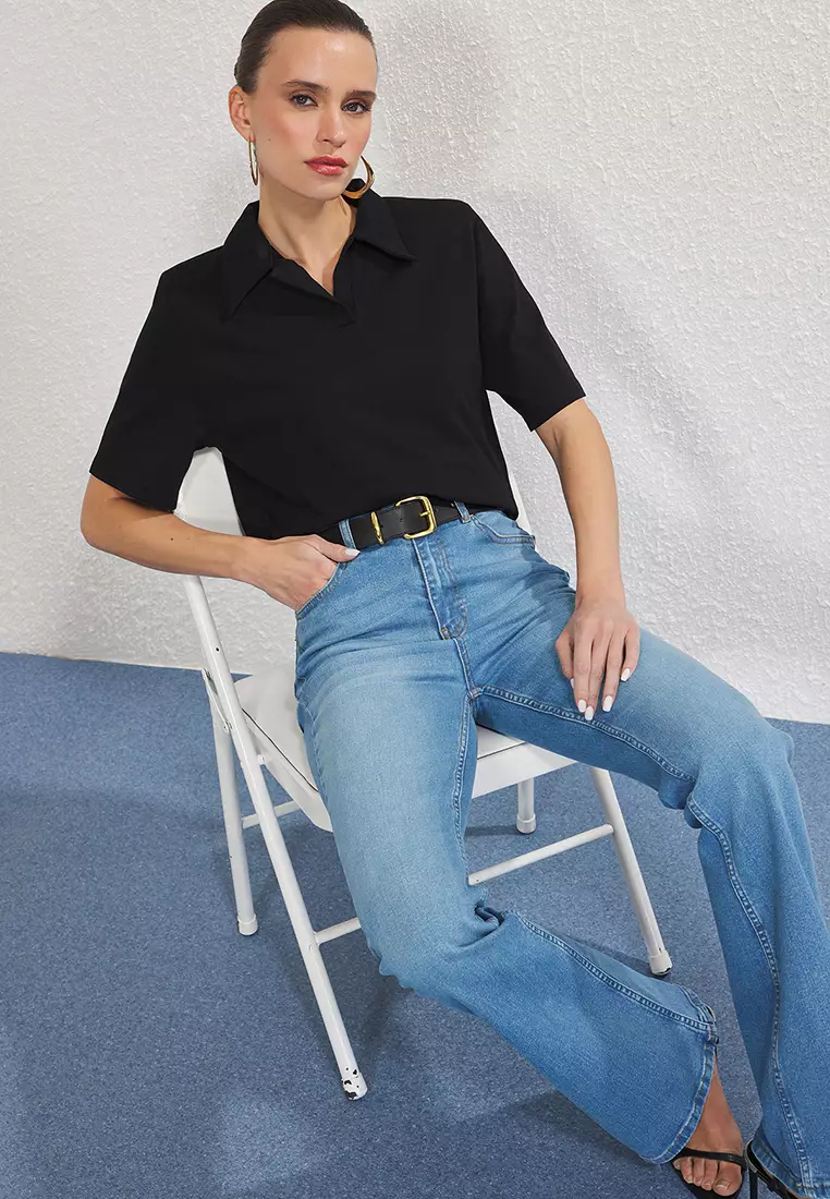 Black Cotton Padded Polo Collar Regular/Normal Pattern Knitted T-Shirt TWOSS25TS00195