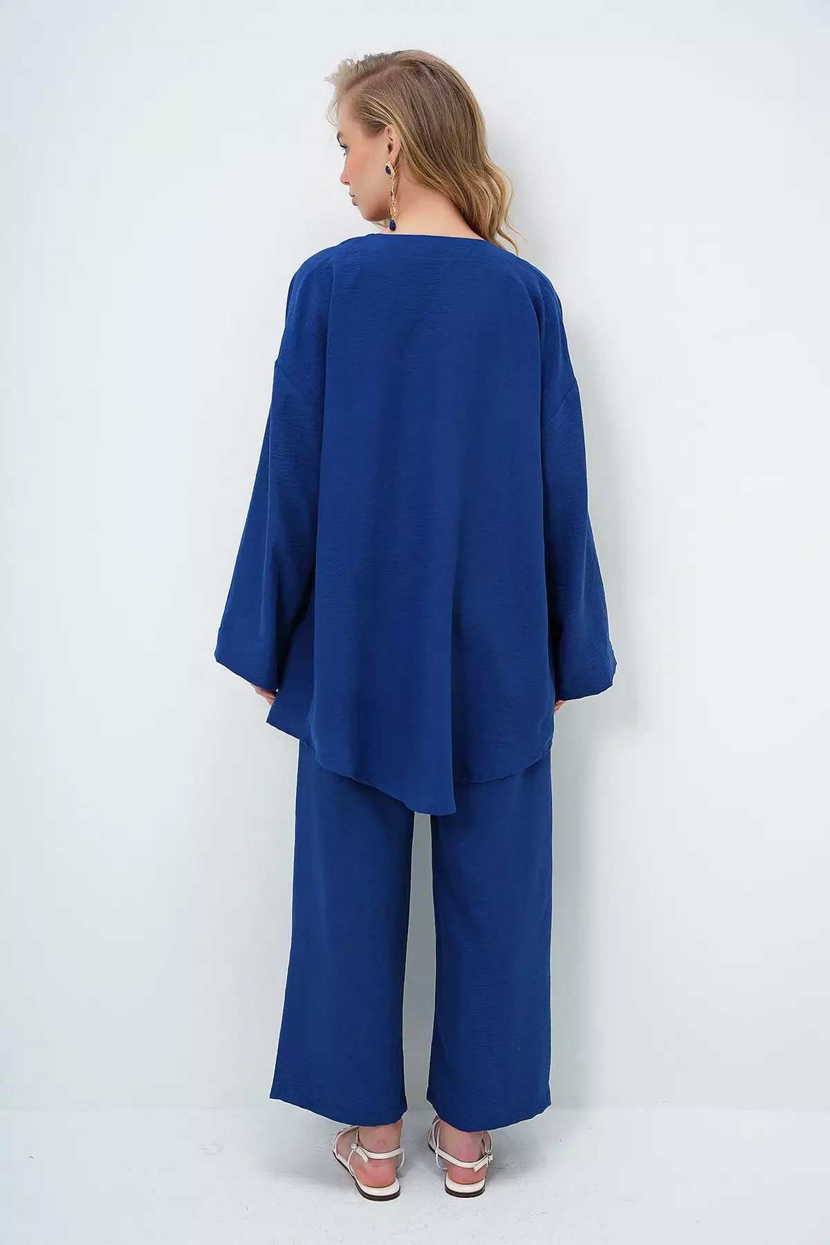 Women's Navy Blue Lace-Up Kimono Jacket And Palazzo Pants Set Alc-X12452