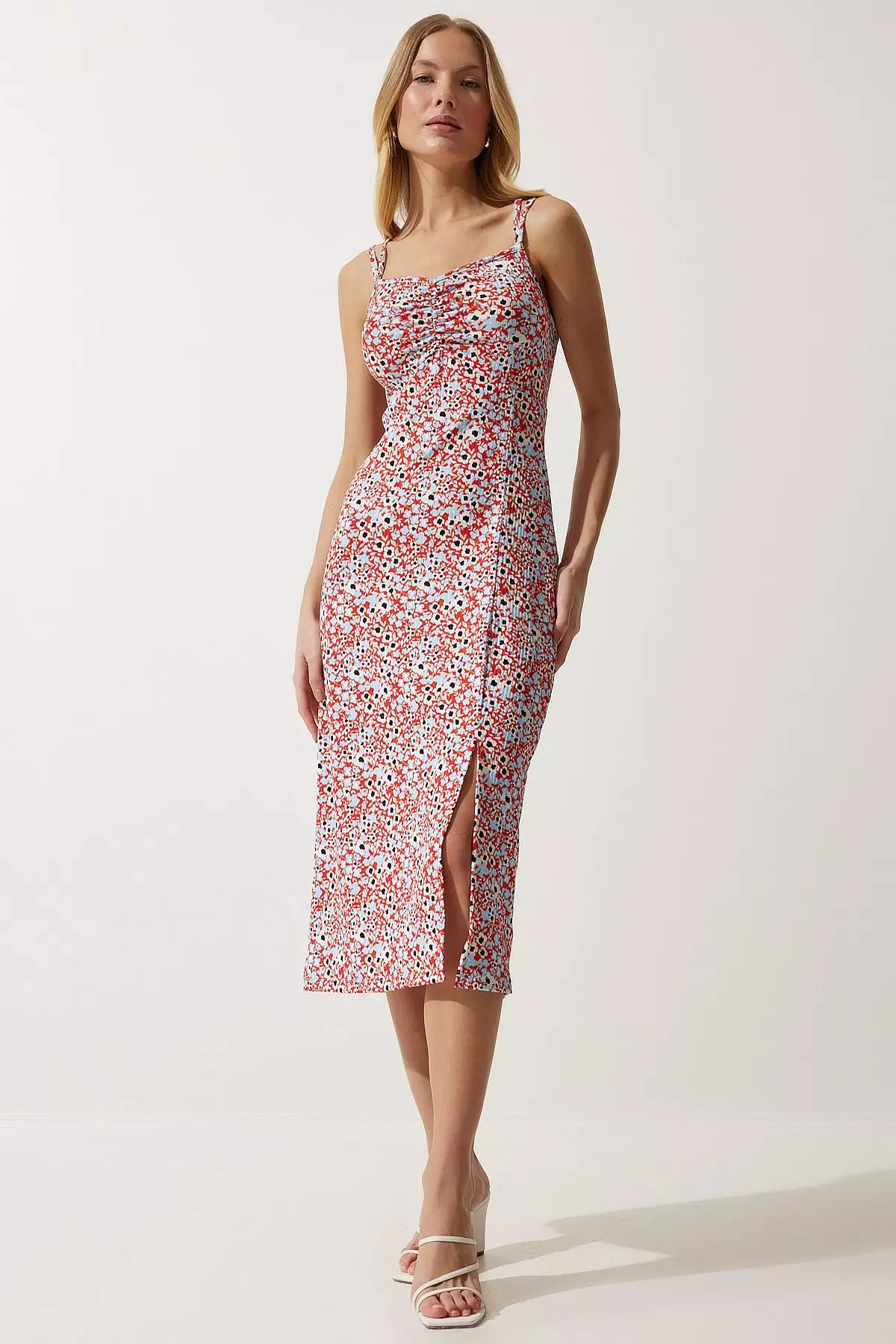 Patterned Ruched Midi Dress