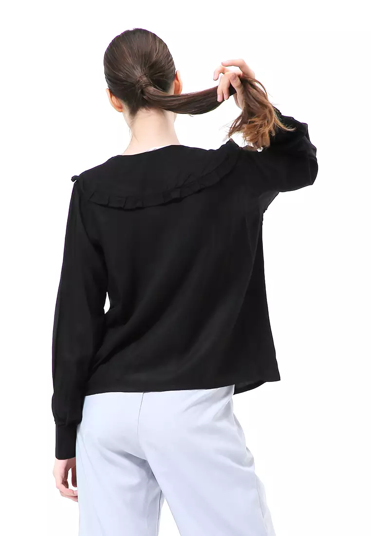 Adena Blouse Atasan Wanita Long Sleeve Kerah Rempel - Hitam