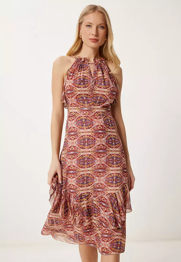 Women Dusty Rose Purple Patterned Flounced Summer Chiffon Dress Fg00025