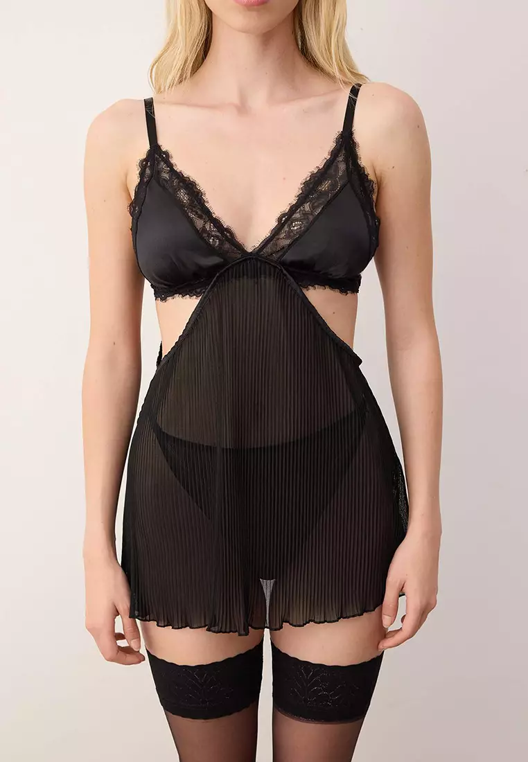 Black Tulle Pleated And Back Ribbon/Bow/Tie Panty Babydoll/Fantasy Nightgown