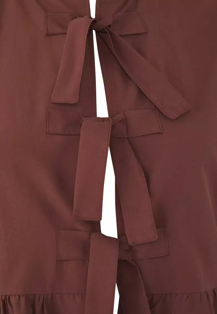 Brown Bow Woven Plus Size Blouse