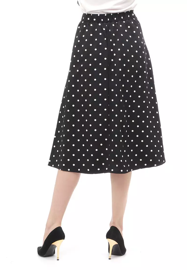 Skirt Motif Polkadot Rubbery Waist Bawahan Wanita Relaxed Fit - Black